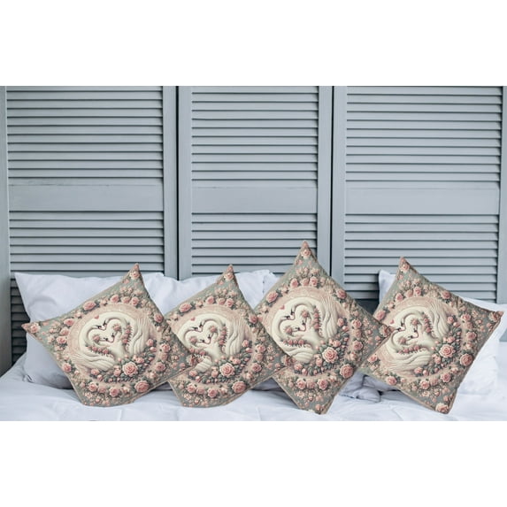 Ambesonne Vintage Romantic Throw Pillow Cover Pack of 4, Doves and Roses, 4 Pcs-16" x 16", Pale Pink Pale Cadet Blue