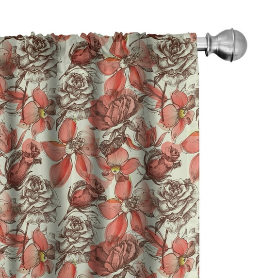 Ambesonne Vintage Rose Window Curtains, Engraved Sketch Art, Each 28" W x 95" L, Coral Brown