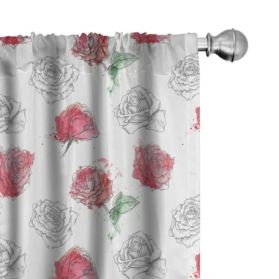 Ambesonne Vintage Rose Window Curtains, Flowers Sketch Art, Each 28" W x 63" L, Laurel Green Pastel Pink