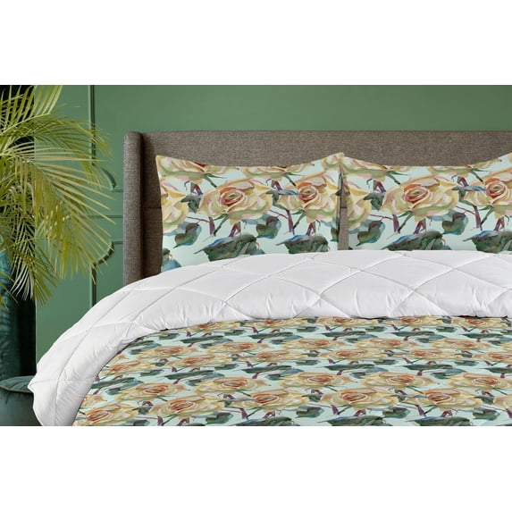 Ambesonne Vintage Rose Down Alternative Quilt Comforter, Aquarelle Retro Floral, Twin XL, Avocado Green Jade Green