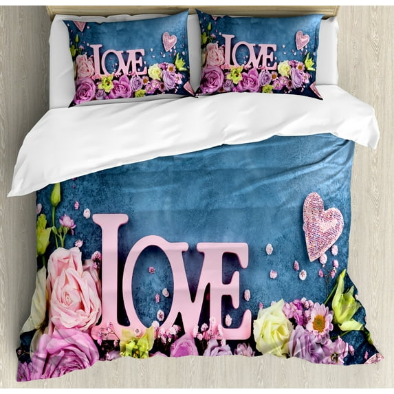Ambesonne Vintage Rose Duvet Cover Sets, Valentines Bouquet, 2-Queen, Pale Pink Slate Blue