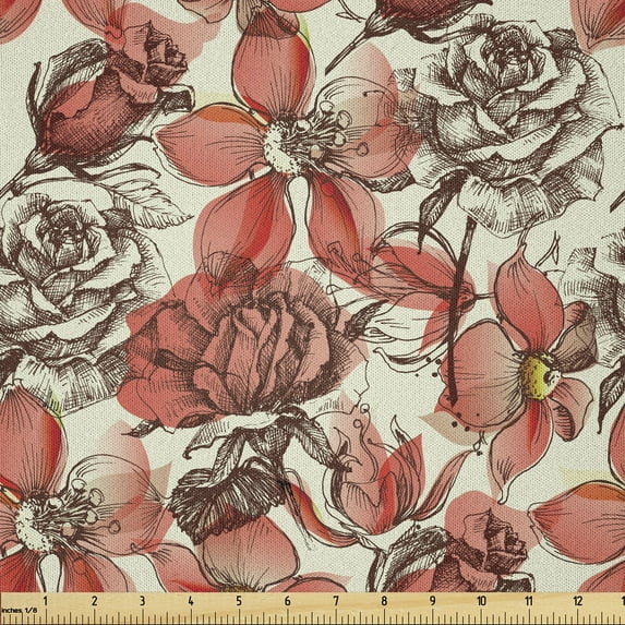 Ambesonne Vintage Rose Fabric by the Yard Microfiber, Engraved Sketch Art, 1 Yard, Coral Brown