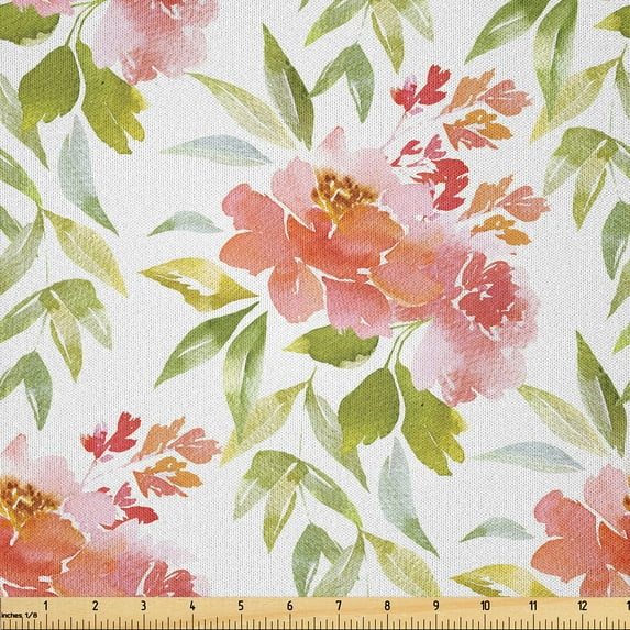 Ambesonne Vintage Rose Fabric by the Yard Microfiber, Watercolor Print Look, 3 Yards, Blush Olive Green White