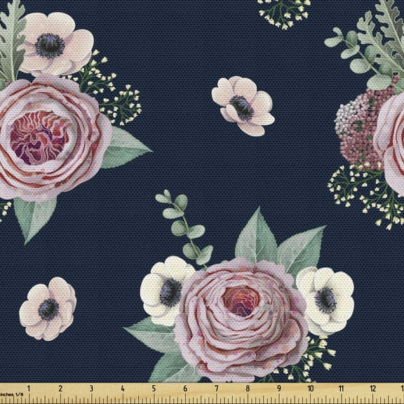 Ambesonne Vintage Rose Fabric by the Yard Upholstery, Minimalist Flowers, 1 Yard, Violet Blue Pink