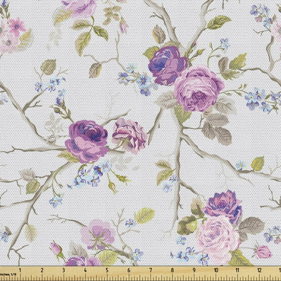 Ambesonne Vintage Rose Fabric by the Yard Upholstery, Soft Pastel Floral, 3 Yards, White Pale Pink Fuchsia