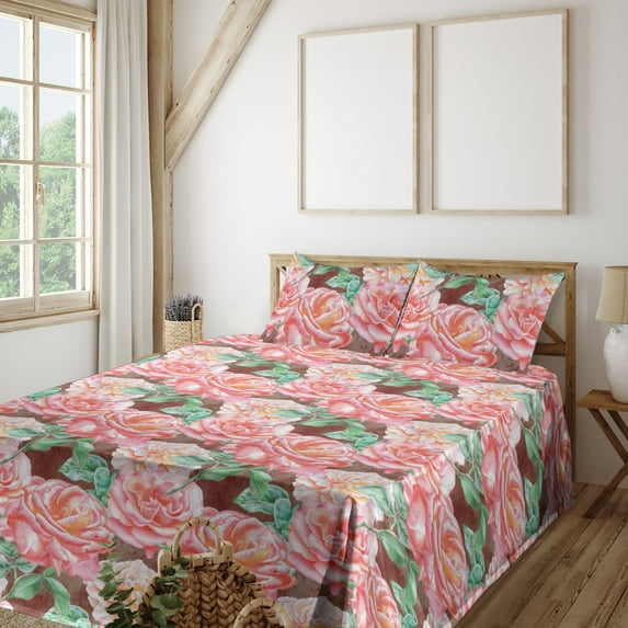 Ambesonne Vintage Rose Fitted & Flat Sheet with Sham 3 Pcs Set, Boho Garden Flowers, Twin XL, Sea Green Pastel Pink