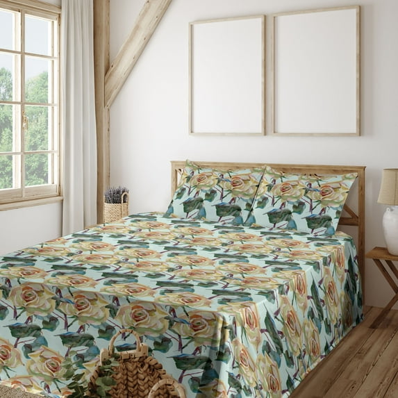 Ambesonne Vintage Rose Fitted & Flat Sheet with Shams 4 Pcs Set, Aquarelle Retro Floral, Full, Avocado Green Jade Green