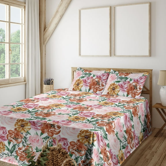 Ambesonne Vintage Rose Fitted & Flat Sheet with Shams 4 Pcs Set, Leaves Greenery Flower, Queen, Pale Pink Laurel Green