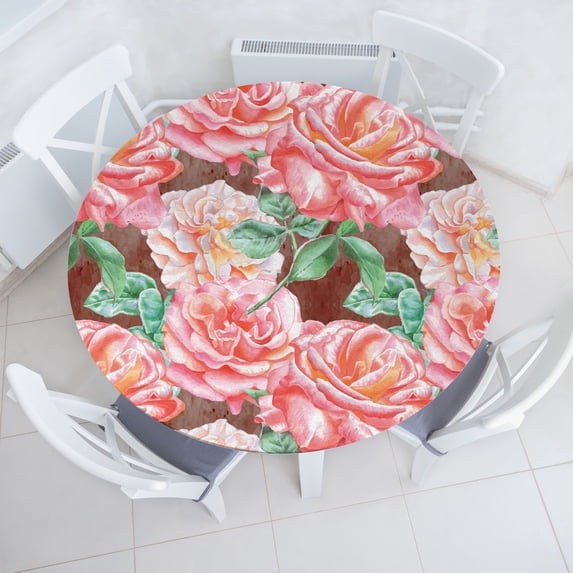 Ambesonne Vintage Rose Fitted Round Tablecloth, Boho Garden Flowers, 56"- 60" Diameter, Sea Green Pastel Pink