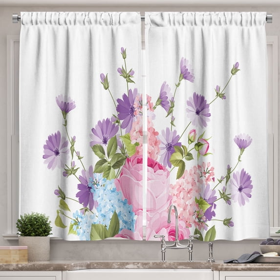 Ambesonne Vintage Rose Kitchen Curtains, Simple Floral Bouquet, 55"x45", Violet Pale Pink