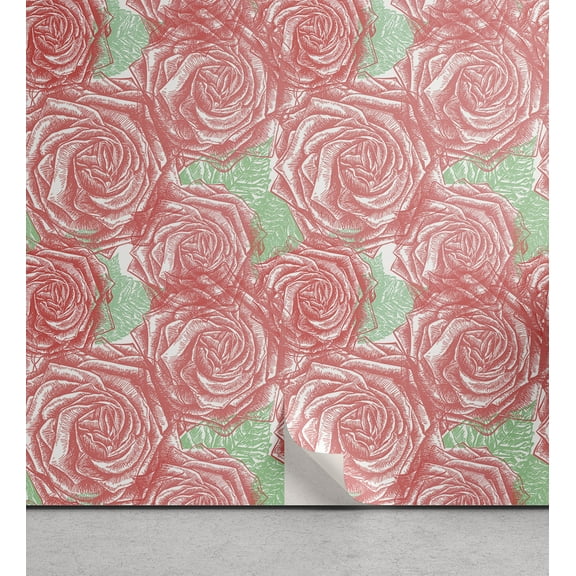 Ambesonne Vintage Rose Peel & Stick Wallpaper for Home, Romantic Minty Leaf, 13"x100", Pastel Pink Sea Green