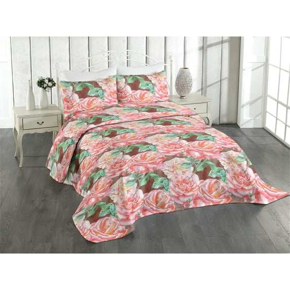 Ambesonne Vintage Rose Quilted Coverlet 3 Pcs, Boho Garden Flowers, Queen Size, Sea Green Pastel Pink