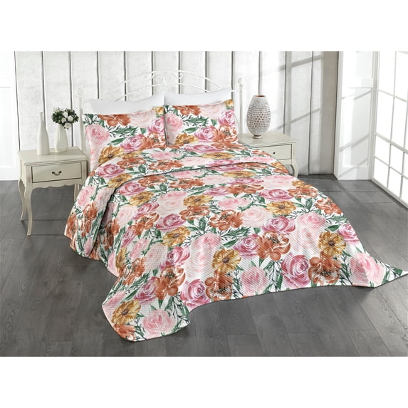 Ambesonne Vintage Rose Quilted Coverlet 3 Pcs, Leaves Greenery Flower, Queen Size, Pale Pink Laurel Green