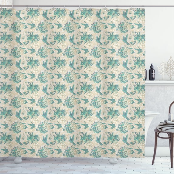 Ambesonne Vintage Rose Shower Curtain, Grunge Bird and Leaves, 69"Wx75"L, Eggshell Seafoam