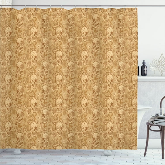 Ambesonne Vintage Rose Shower Curtain, Skulls Flowers Birds, 69"Wx84"L, Pale Coffee Peach Almond