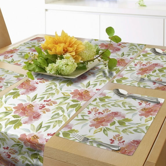 Ambesonne Vintage Rose Table Runner & Placemats, Watercolor Print Look, Placemat 4 pcs + Runner 14"x72", Blush Olive Green White