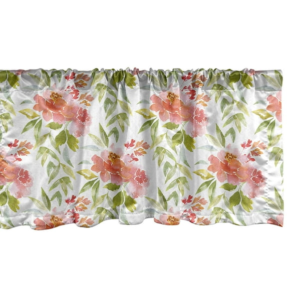 Ambesonne Vintage Rose Window Valance, Watercolor Leaves and Flowers Pattern, Curtain Valance for Kitchen Bedroom Decor with Rod Pocket, 54" X 18", Blush Olive Green White