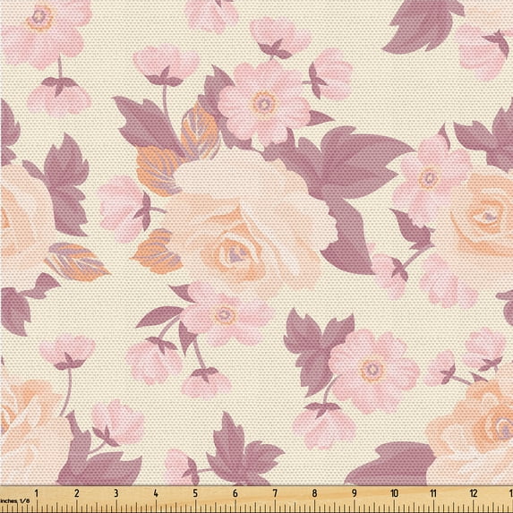 Ambesonne Vintage Roses Fabric by the Yard Upholstery, 90s Blooming Floral, 5 Yards, Cream Dried Rose Blush