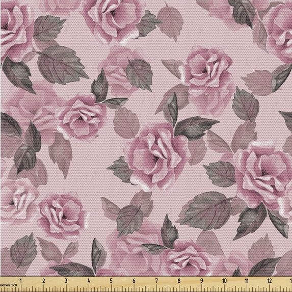 Ambesonne Vintage Roses Fabric by the Yard Upholstery, Botany Floral Boho, 2 Yards, Pale Pink Pastel Pink