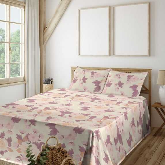 Ambesonne Vintage Roses Fitted & Flat Sheet with Sham 3 Pcs Set, 90s Blooming Floral, Twin XL, Cream Dried Rose Blush