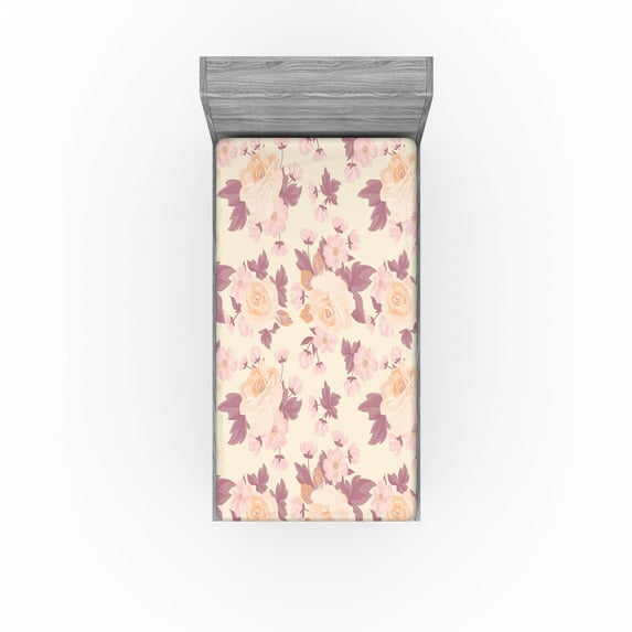 Ambesonne Vintage Roses Fitted Sheet, 90s Blooming Floral, Twin XL Size, Cream Dried Rose Blush