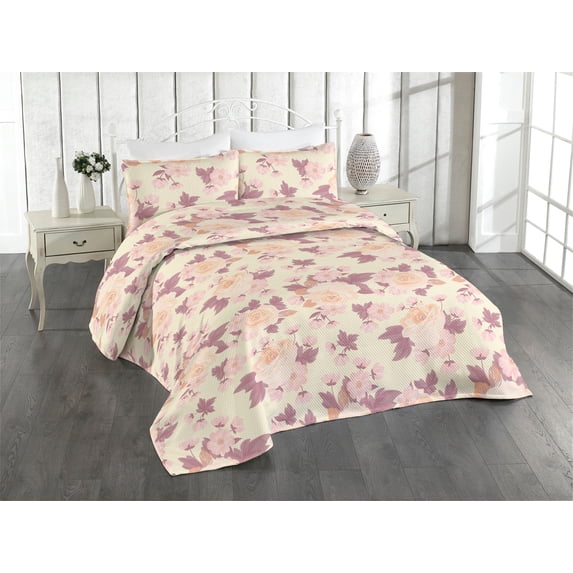 Ambesonne Vintage Roses Quilted Bedspread Set 3 Pcs, 90s Blooming Floral, Twin, Cream Dried Rose Blush