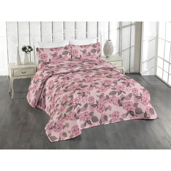 Ambesonne Vintage Roses Quilted Bedspread Set 3 Pcs, Botany Floral Boho, King, Pale Pink Pastel Pink