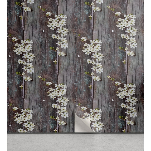 Ambesonne Vintage Rustic Peel & Stick Wallpaper for Home, Plum Blossoms Print, 13"x36", Dark Warm Taupe and Coconut
