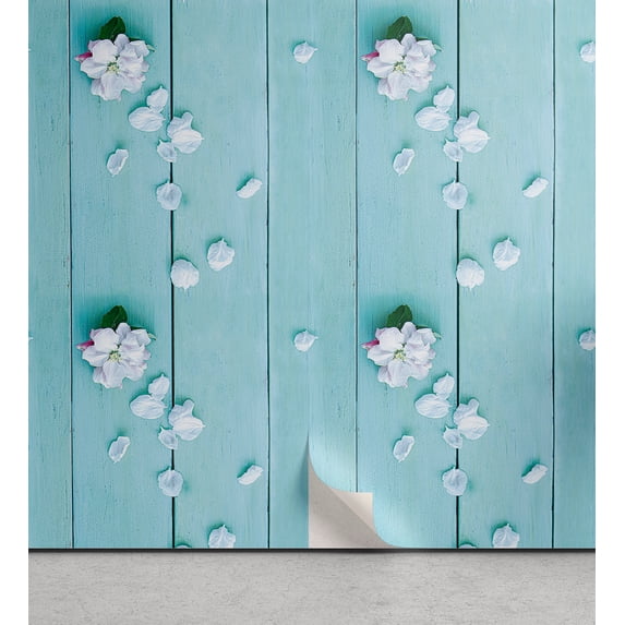 Ambesonne Vintage Rustic Peel & Stick Wallpaper for Home, Roses Wooden Planks, 13"x100", Pale Turquoise Off White