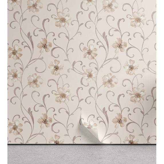 Ambesonne Vintage Rustic Peel & Stick Wallpaper for Home, Wild Flowers in Rows, 13"x72", Pearl Pale Eggshell Tan