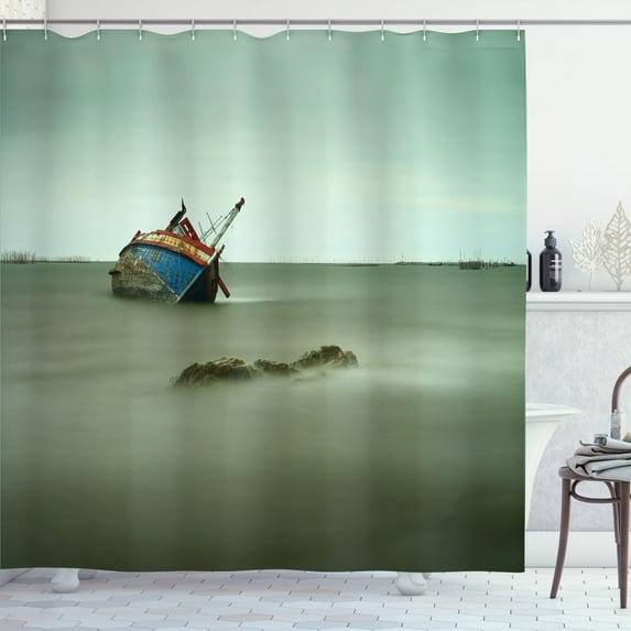 Ambesonne Vintage Shower Curtain, Abandoned Fishing Boat, 69"Wx84"L, Grey Blue
