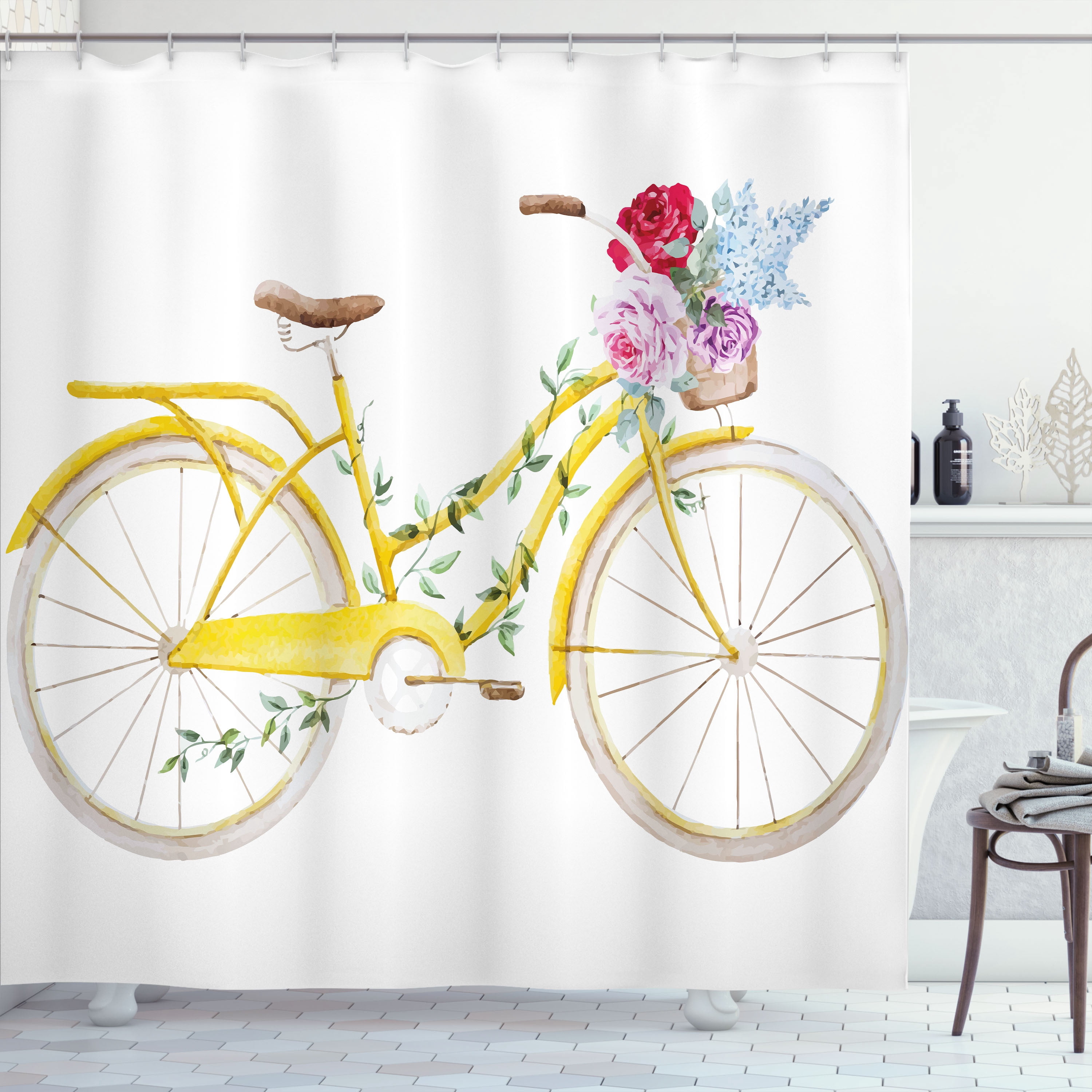 Bicycle Floral Pattern Print Bathroom Shower Curtain