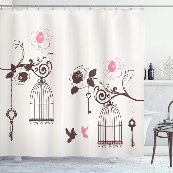 Ambesonne Vintage Shower Curtain, Bird Cages Keys Doves, 69"Wx84"L, Dark Brown Pale Pink