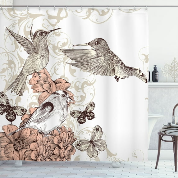 Ambesonne Vintage Shower Curtain, Birds Butterflies Art, 69"Wx75"L, Brown Tan