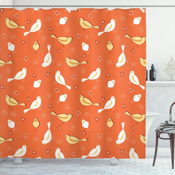 Ambesonne Vintage Shower Curtain, Birds with Heart Shapes, 69"Wx70"L, Orange Yellow White