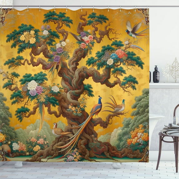 Ambesonne Vintage Shower Curtain, Cartoon Scene Floral Tree, 69"Wx75"L, Ginger Teal Multicolor