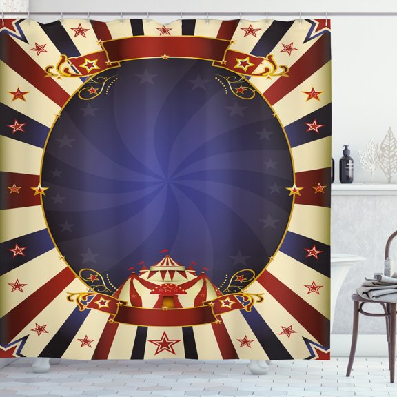 Ambesonne Vintage Shower Curtain, Circus Poster Image, 69"Wx84"L, Pale Yellow Navy Blue