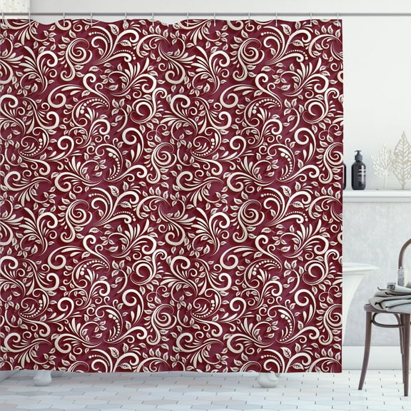 Ambesonne Vintage Shower Curtain, Classic Floral Swirls Print, 69"Wx70"L, Maroon Ivory
