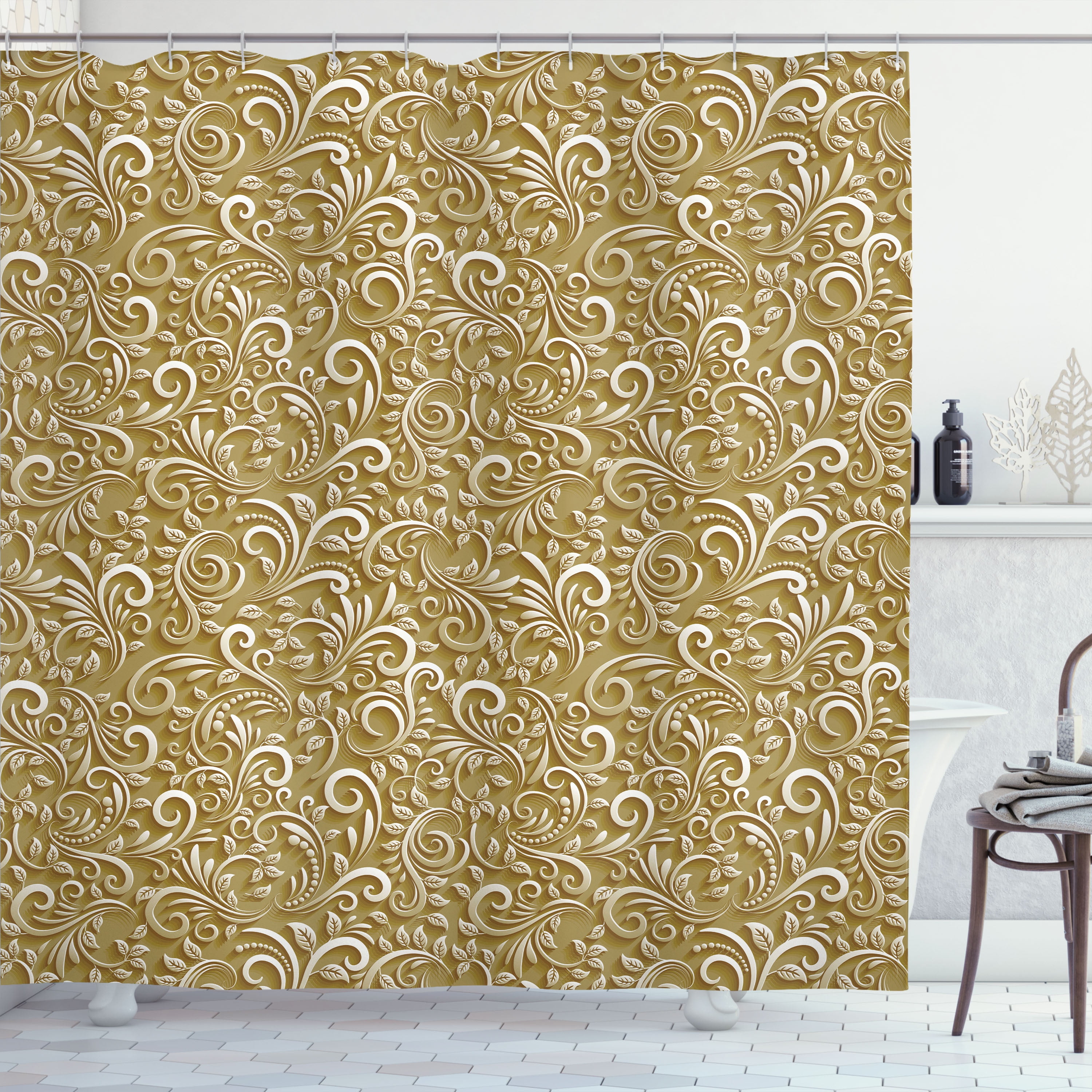 Pale Camel Classic Floral Swirls Fabric Shower Curtain