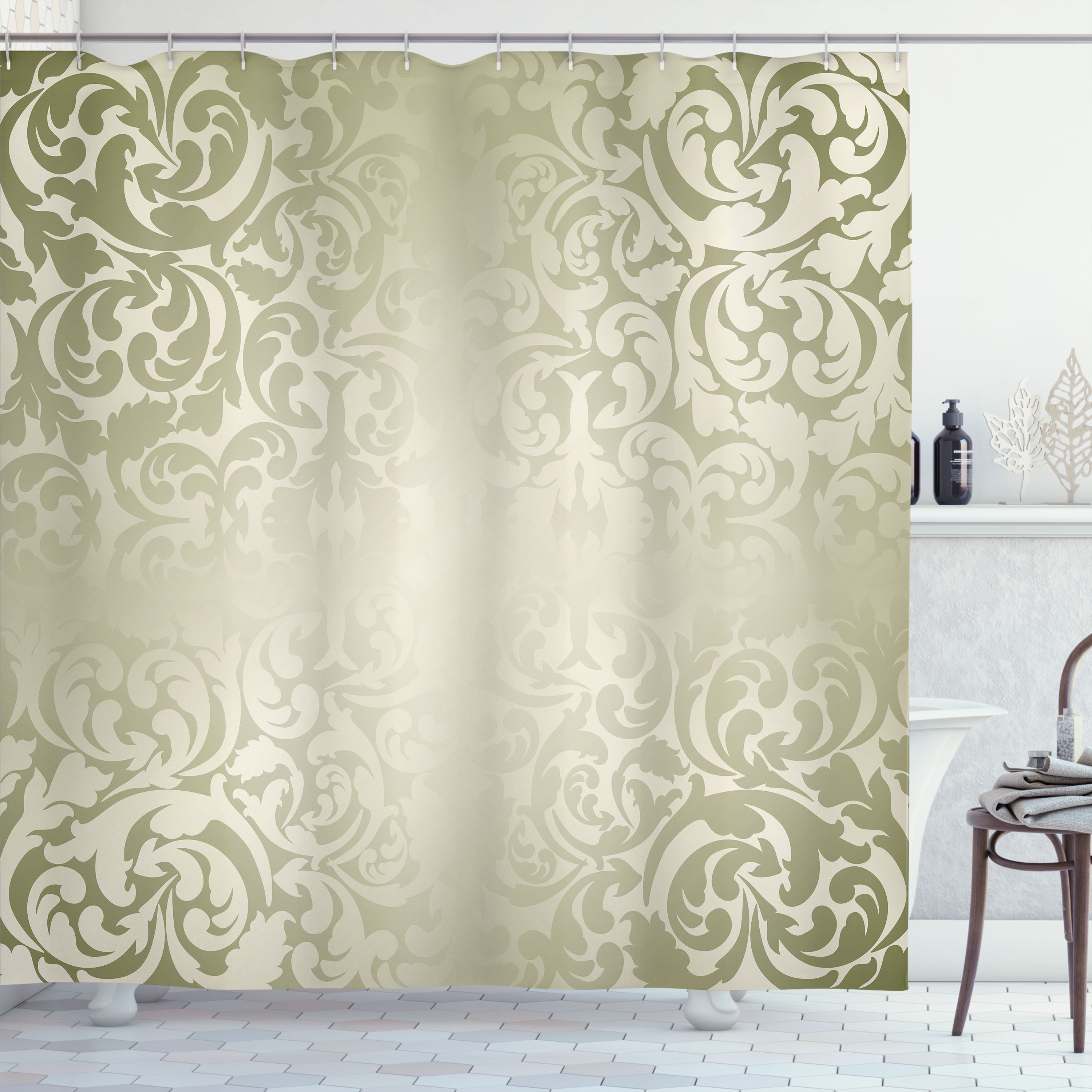 Victorian Damask Beige and Green Fabric Shower Curtain