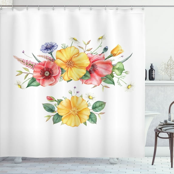 Ambesonne Vintage Shower Curtain, Colorful Flowers Garden Art, 69"Wx84"L, Coral Mustard and Green
