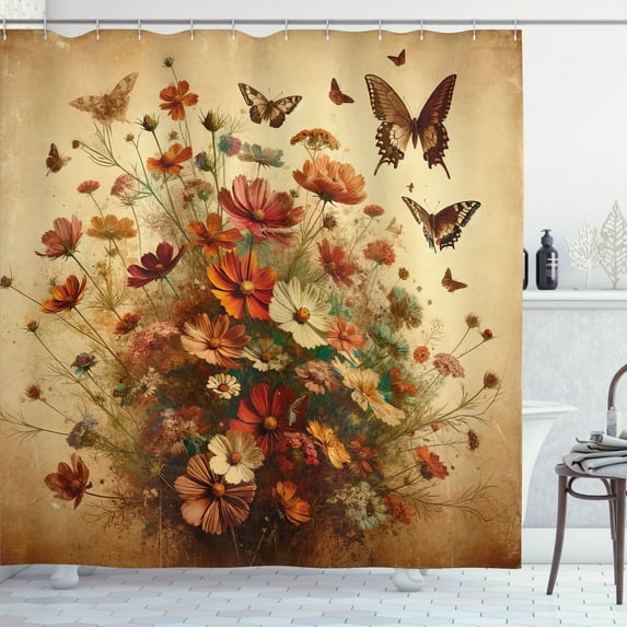 Ambesonne Vintage Shower Curtain, Dreamy Art Butterfly Floral, 69"Wx84"L, Caramel Burgundy