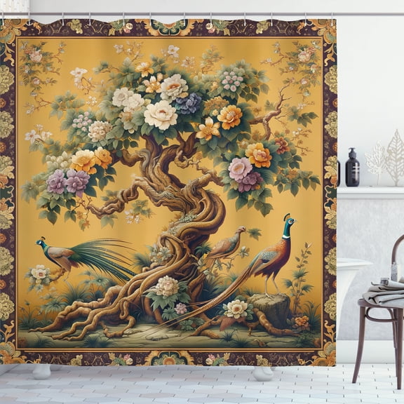 Ambesonne Vintage Shower Curtain, Earthy Fantasy Tree Floral, 69"Wx75"L, Amber Laurel Green Lilac