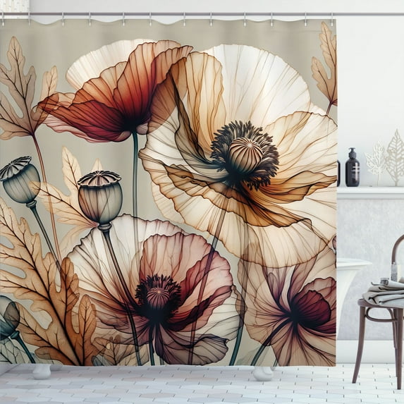 Ambesonne Vintage Shower Curtain, Fantasy View Poppy Flowers, 69"Wx70"L, Pale Maroon Grey Yellow