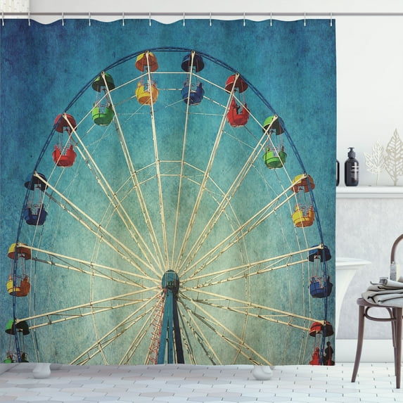 Ambesonne Vintage Shower Curtain, Ferris Wheel Fun Retro, 69"Wx75"L, Blue