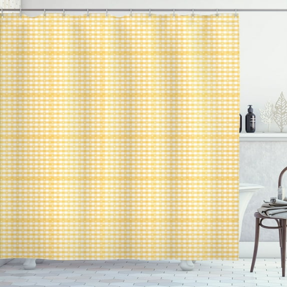 Ambesonne Vintage Shower Curtain, Gingham Pattern Heart Shape, 69"Wx70"L, Mustard and White