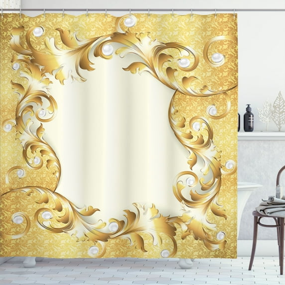 Ambesonne Vintage Shower Curtain, Golden Floral Ornament, 69"Wx84"L, Cream Yellow