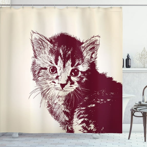 Ambesonne Vintage Shower Curtain, Grunge Retro Kitty Cat, 69"Wx84"L, Maroon Cream