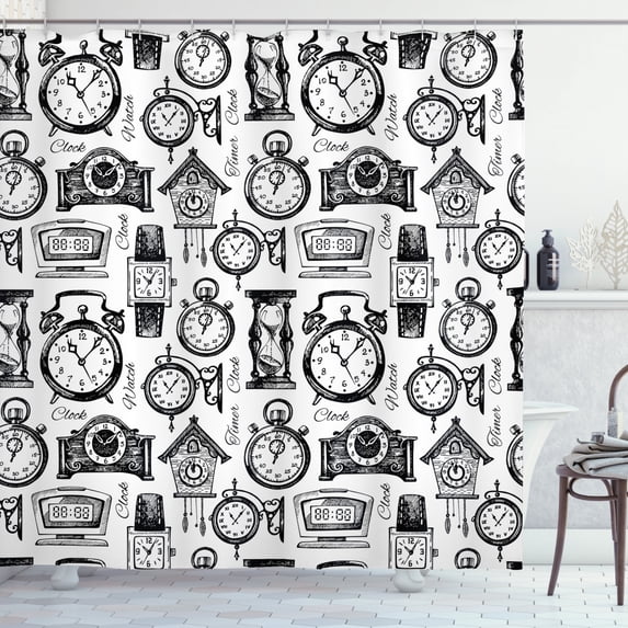 Ambesonne Vintage Shower Curtain, Hand Drawn Clocks, 69"Wx84"L, Black and White