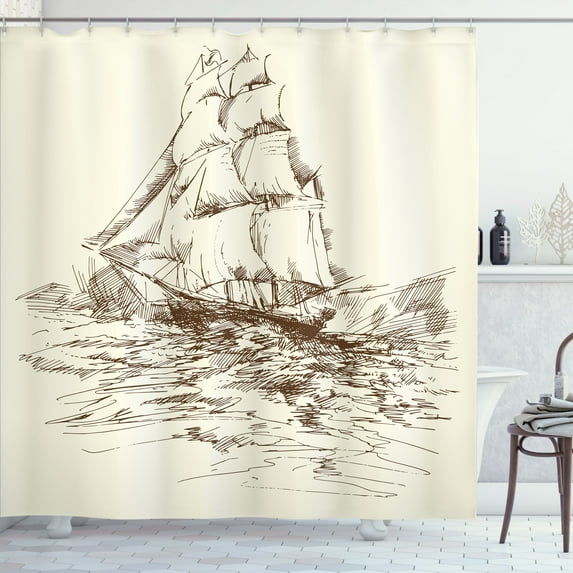 Ambesonne Vintage Shower Curtain, Hand Drawn Ship, 69"Wx70"L, Ivory Brown